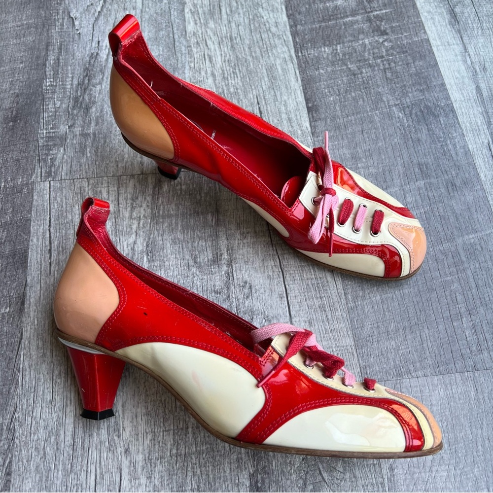 Free Lance Patent Leather Lace Up Heels Red Cream Designer Statement EU 40